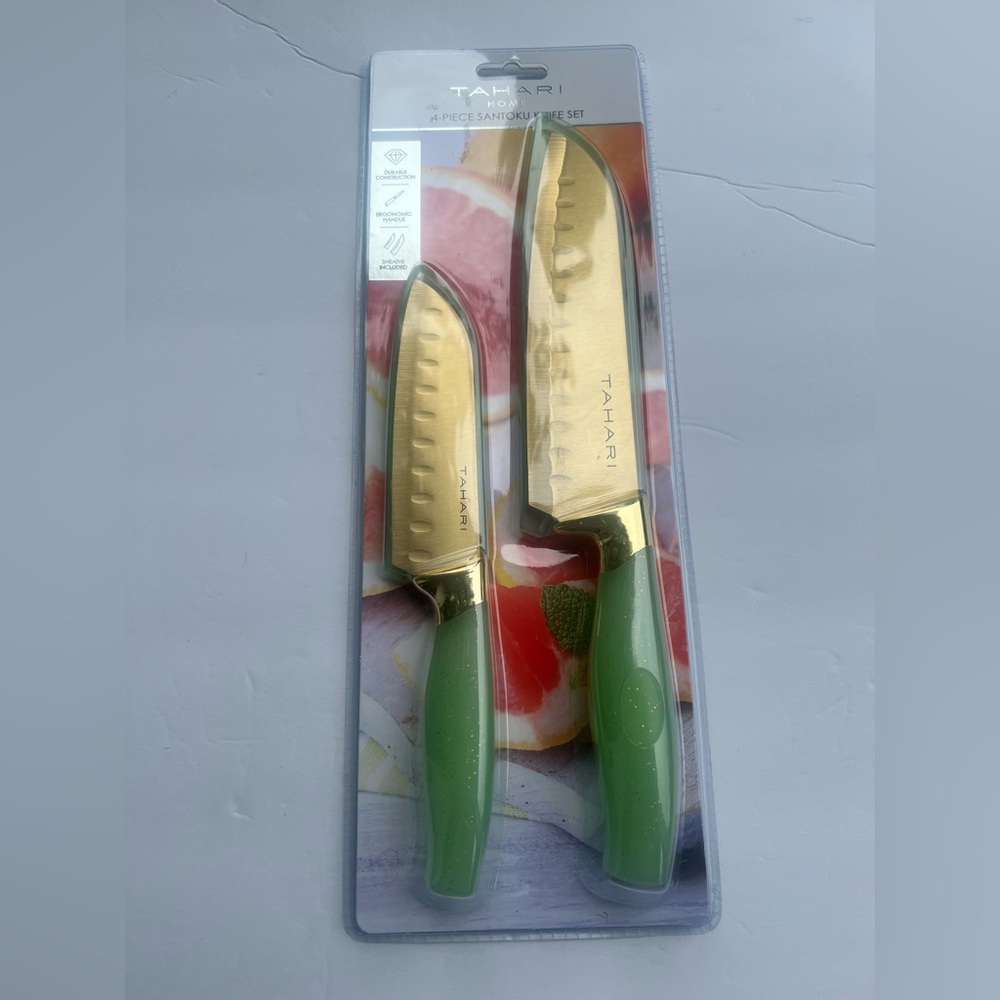 Tahari 4-Piece Santoku Knife Set 5'' & 7'' Knives W/Two Protective Sheaths